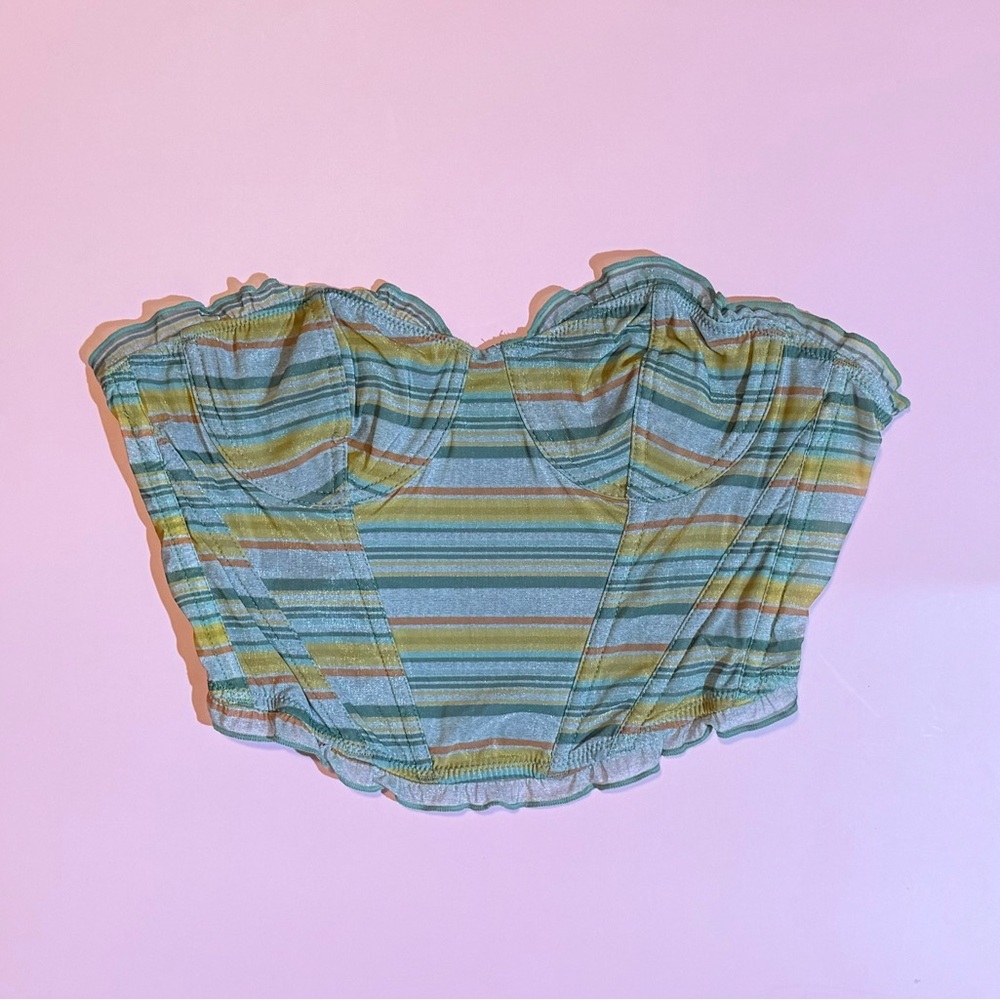 Urban Outfitters Blue and Green Ruched Ruffled Bustier Crop Top